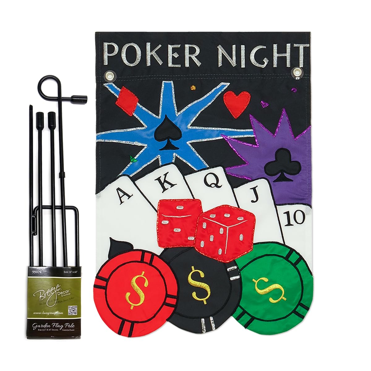 Drapeau de jardin de nuit de poker brodé avec support mural premium