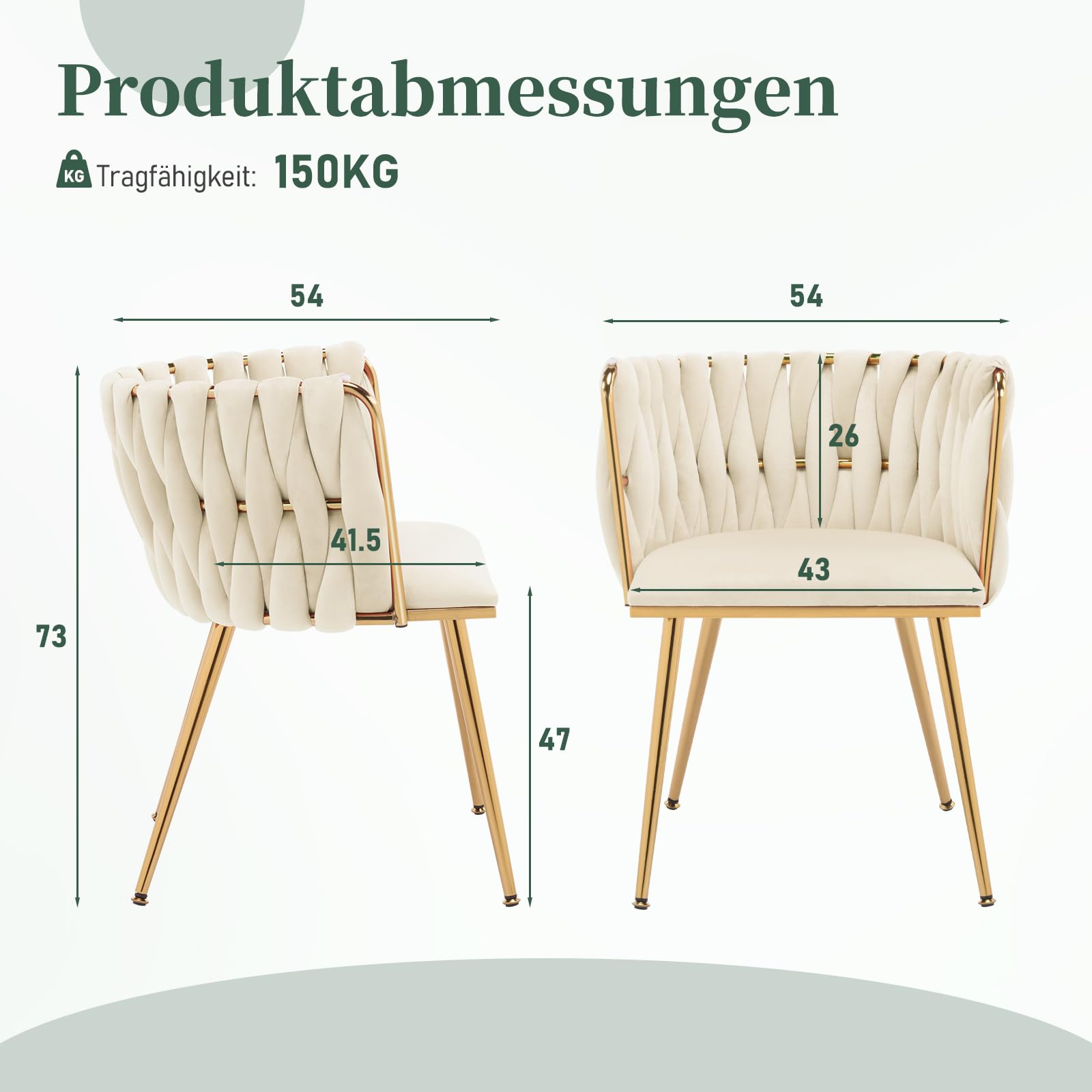 Esszimmerstühle 2er Set mit Armlehne, Handstricken Polsterstuhl Küchenstuhl aus Samt und Goldenen Beinen, Armlehnstühle für Esszimmer, Küche und Wohnzimmer, Beige