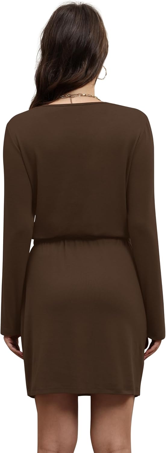 OFEEFAN Fall Dresses for Women 2025 Loose V Neck Long Sleeve T Shirts Casual Sundresses Tie Front A-Line Dresses - Image 5