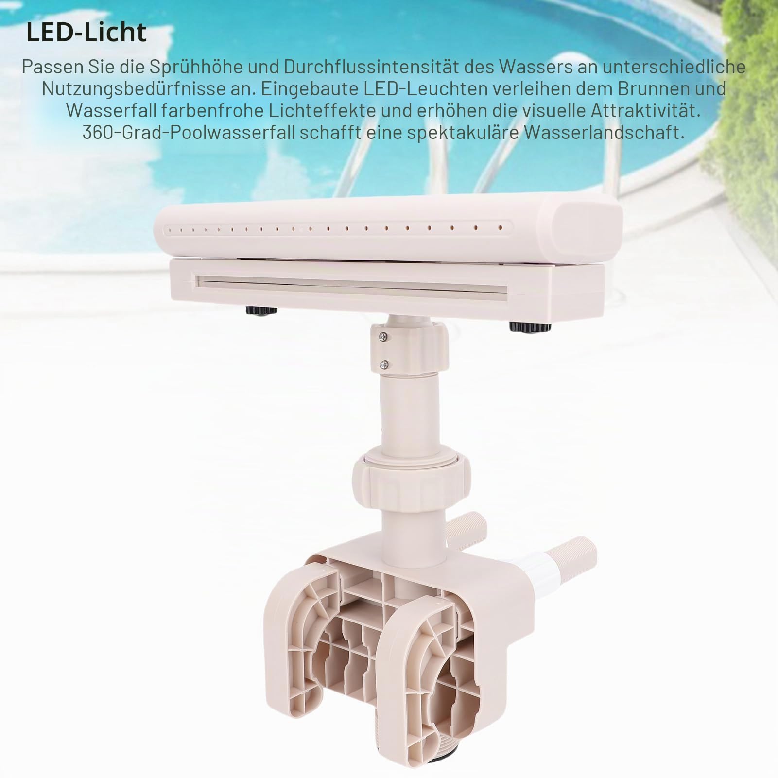 Buachois Poolbrunnen mit LED Beleuchtung, 360° Wasserfall Schwimmbadbrunnen, Pool Fontaine Aufstellpool Verstellbare Wasserdruckhöhe Intensität Wasserfallbrunnen Poolwasserfall für Gartendekoration