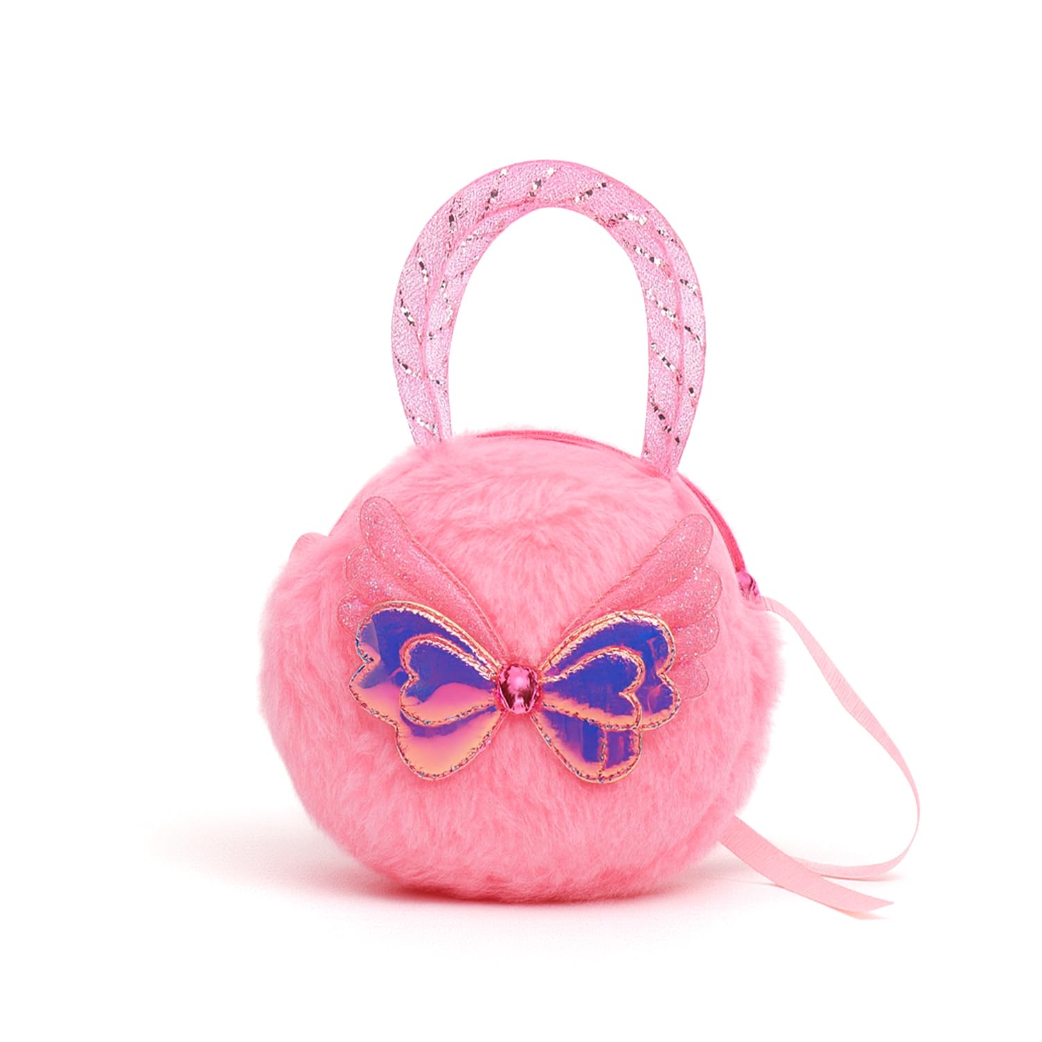 Round Furry Sling Bag for Girls – Angle Wings Design with Glitter Handle & Soft Plush Fur-image-43