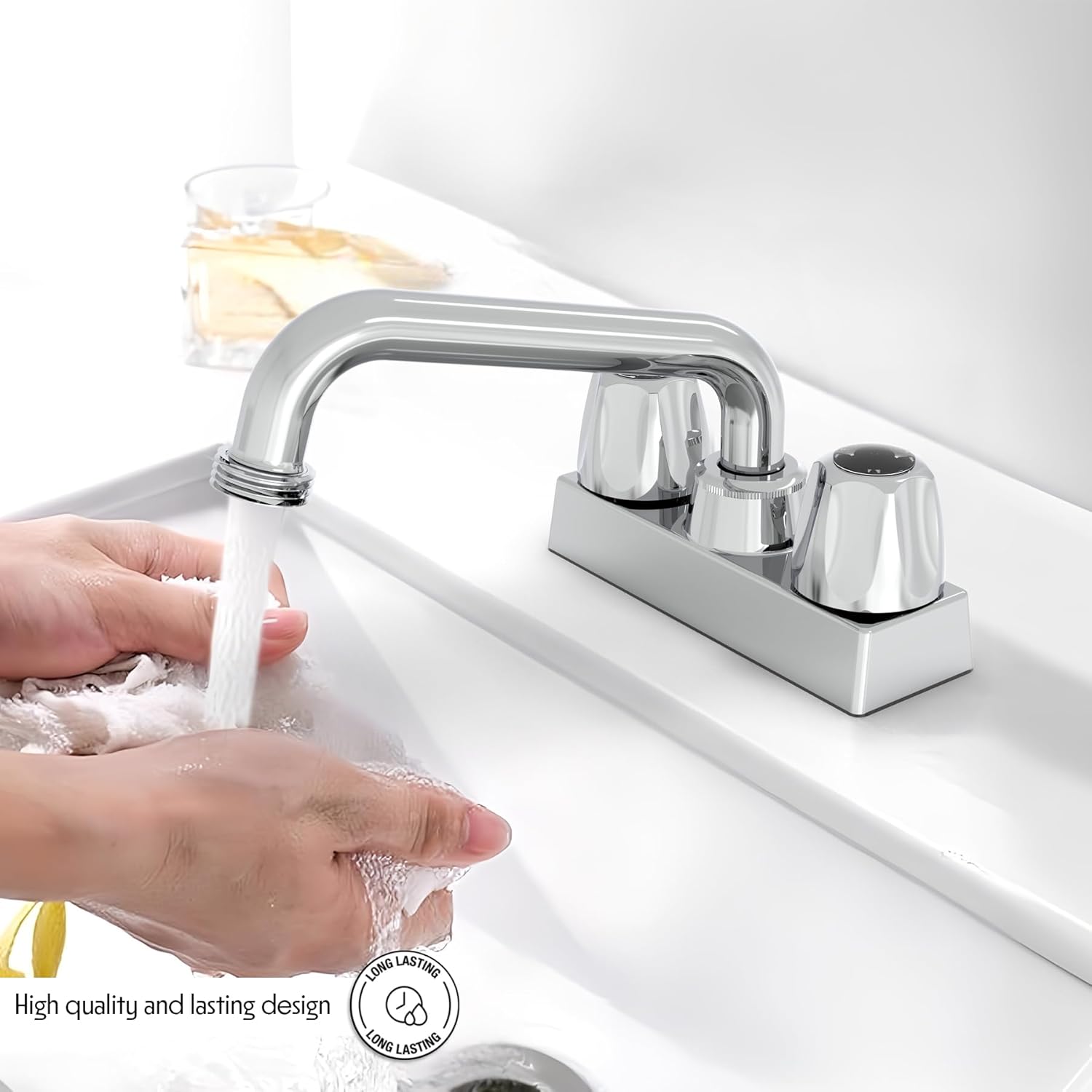 WMF-4225-1-L Utility/Laundry/Shop Sink Faucet, Double Handle with 3/4" Hose Thread in Chrome, Threaded end Slop Spout, 4" Centerset