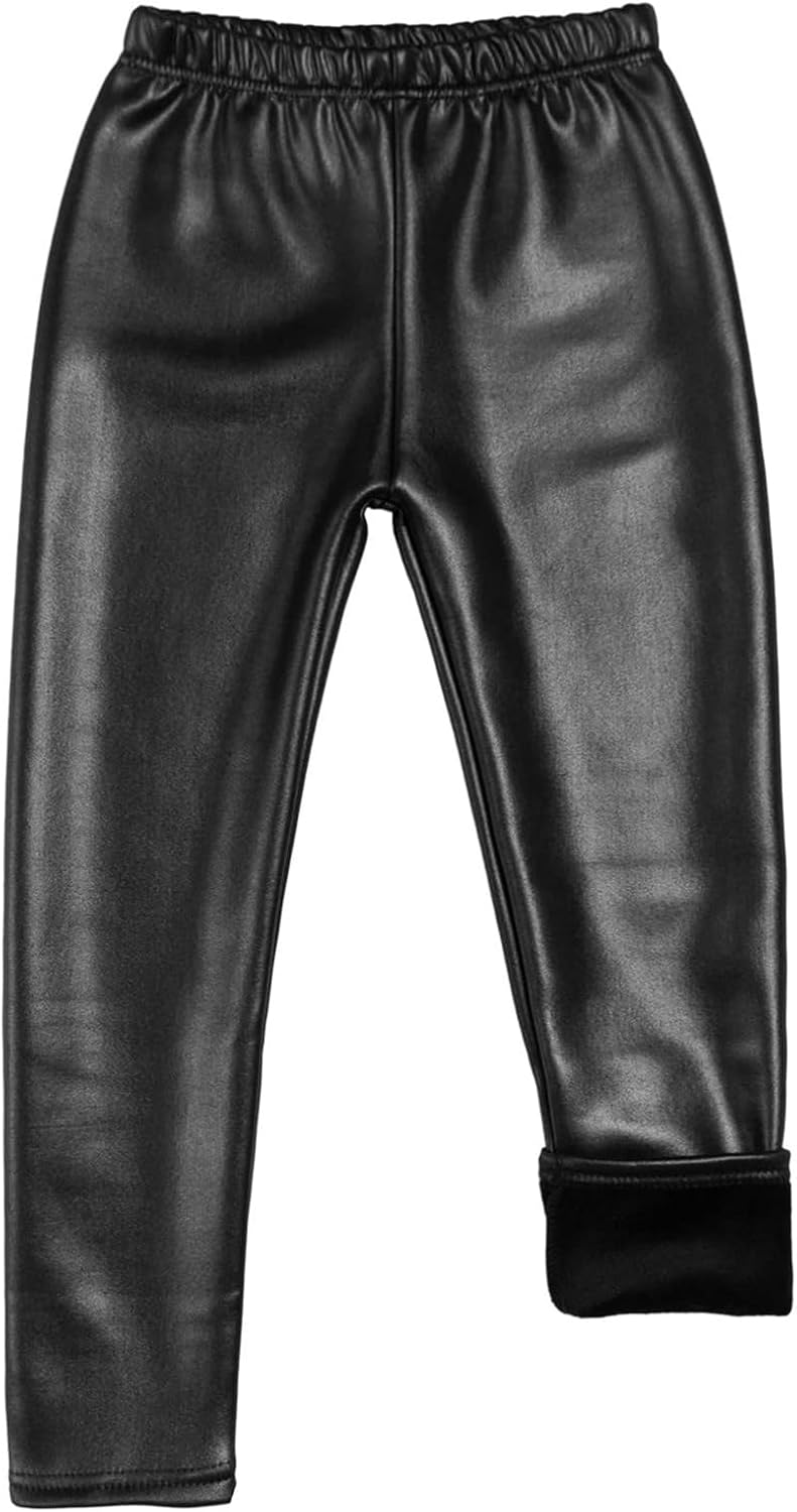 LOLANTA Girls Faux Leather Pants Kids Winter Fleece Lined Leggings Fashion Stretchy Trousers