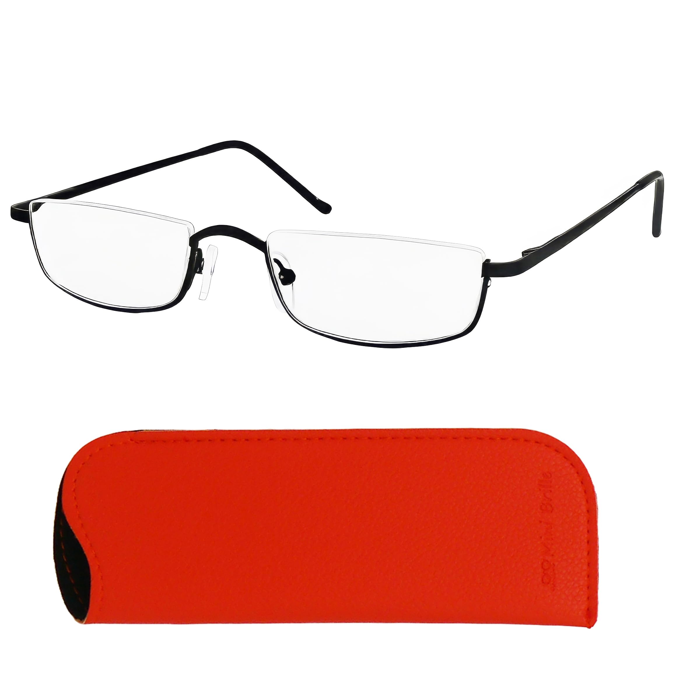 Mini Brille Gafas de Lectura Estilo Vintage con Funda y Paño de Microfibra, Media Montura de Acero Inoxidable con Bisagra de Muelle, Gafas Para Leer de Hombre y Mujer