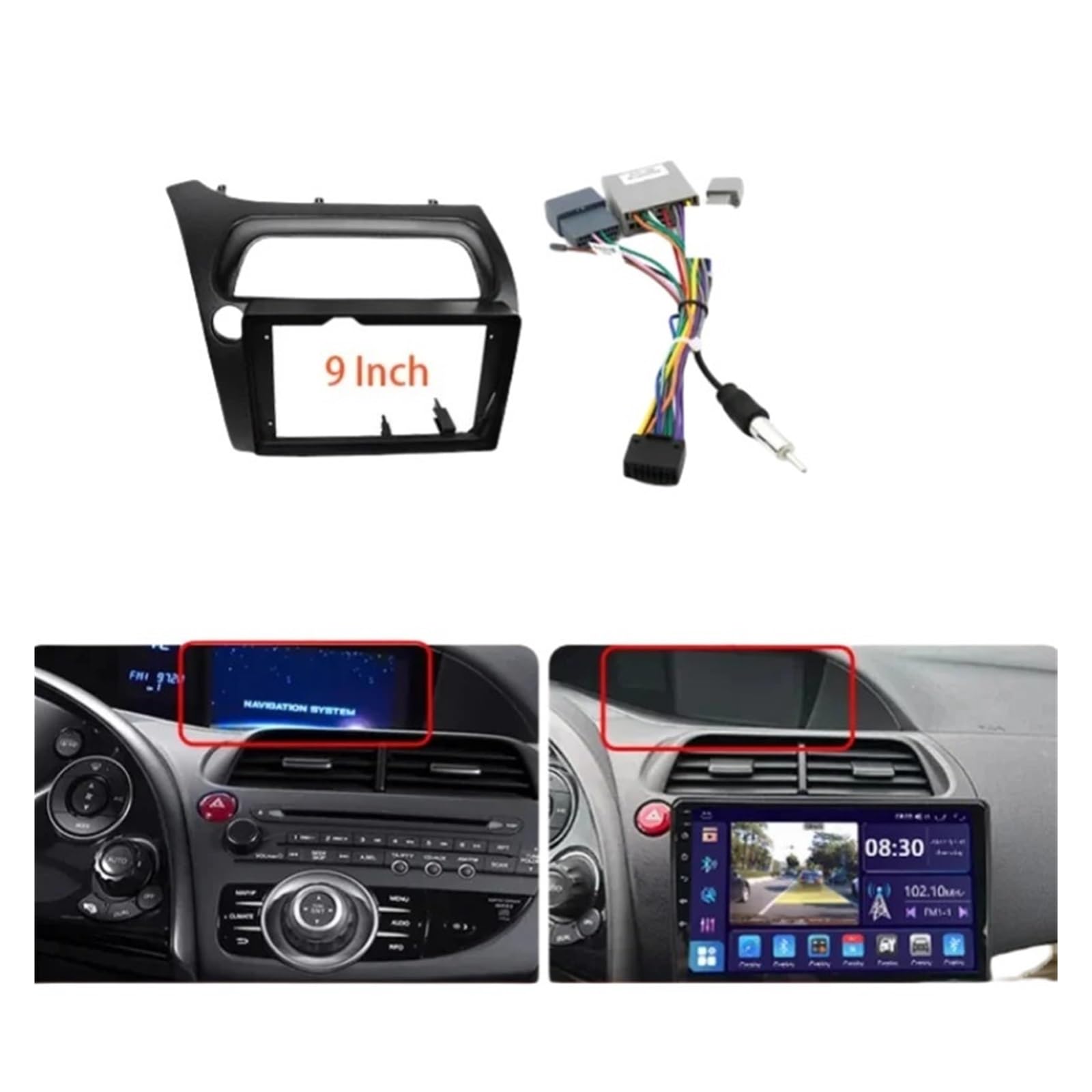 Cadre Autoradio 9 Pouces Compatible avec Honda Civic Hatchback 2005-2011 (Conduite À Gauche/à Droite), Kit De Montage sur Panneau Garniture Auto Radio Cadre Cadre Radio | RHD CableA