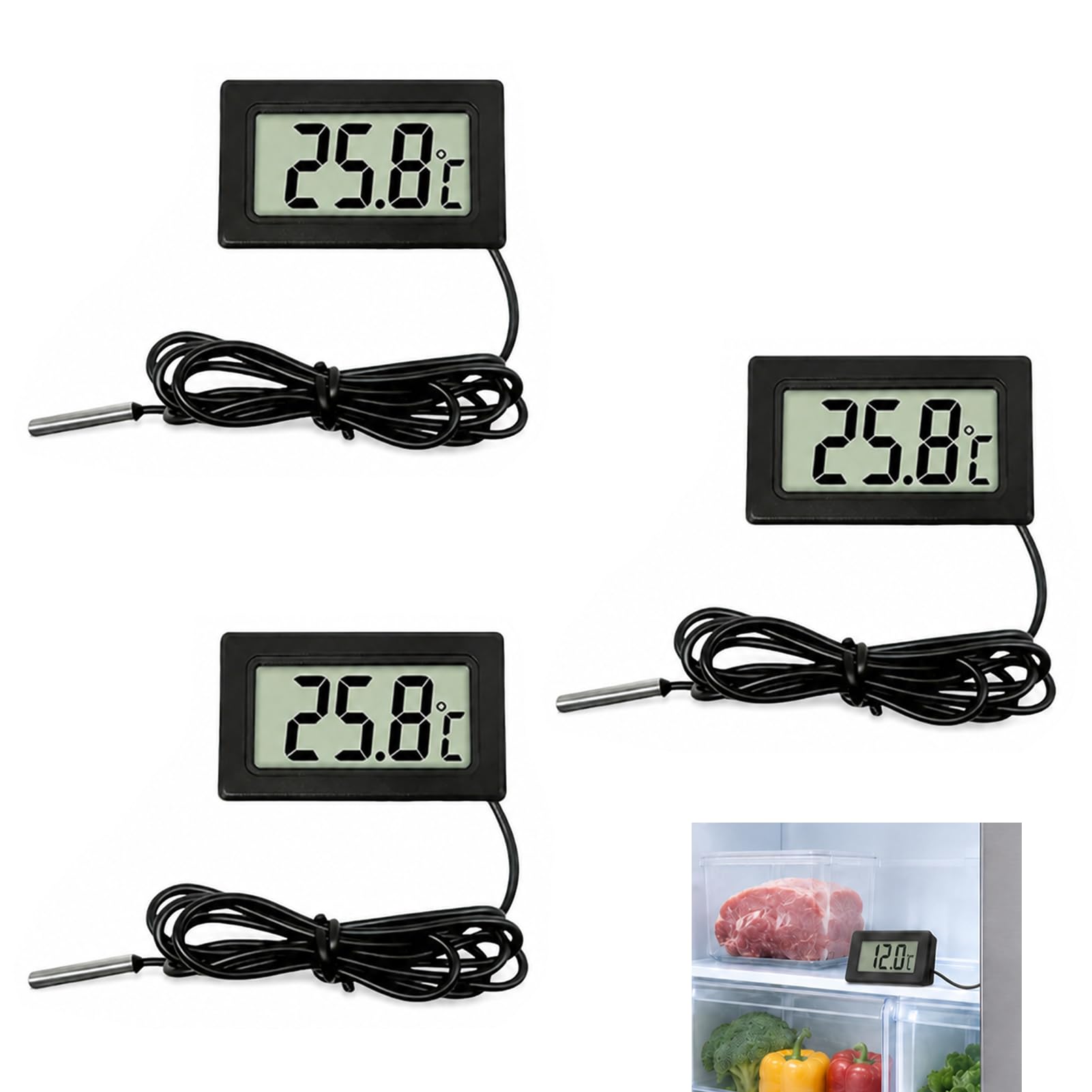 3 Stück Digitales LCD Thermometer, Thermometer mit Externem Sensor 1m Kabel, Temperaturmessgerät -50°C bis 110°C für Kühlschrank Aquarium, Präziser Temperatursensor mit LCD Anzeige für Haushalt