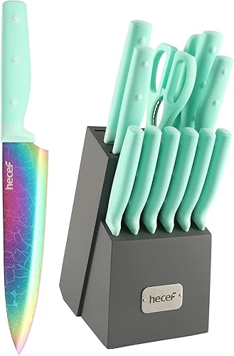 hecef Juego de cuchillos de 14 piezas con bloque juego de cuchillos de titanio arcoíris con patrón láser juego de cuchillos de chef de acero