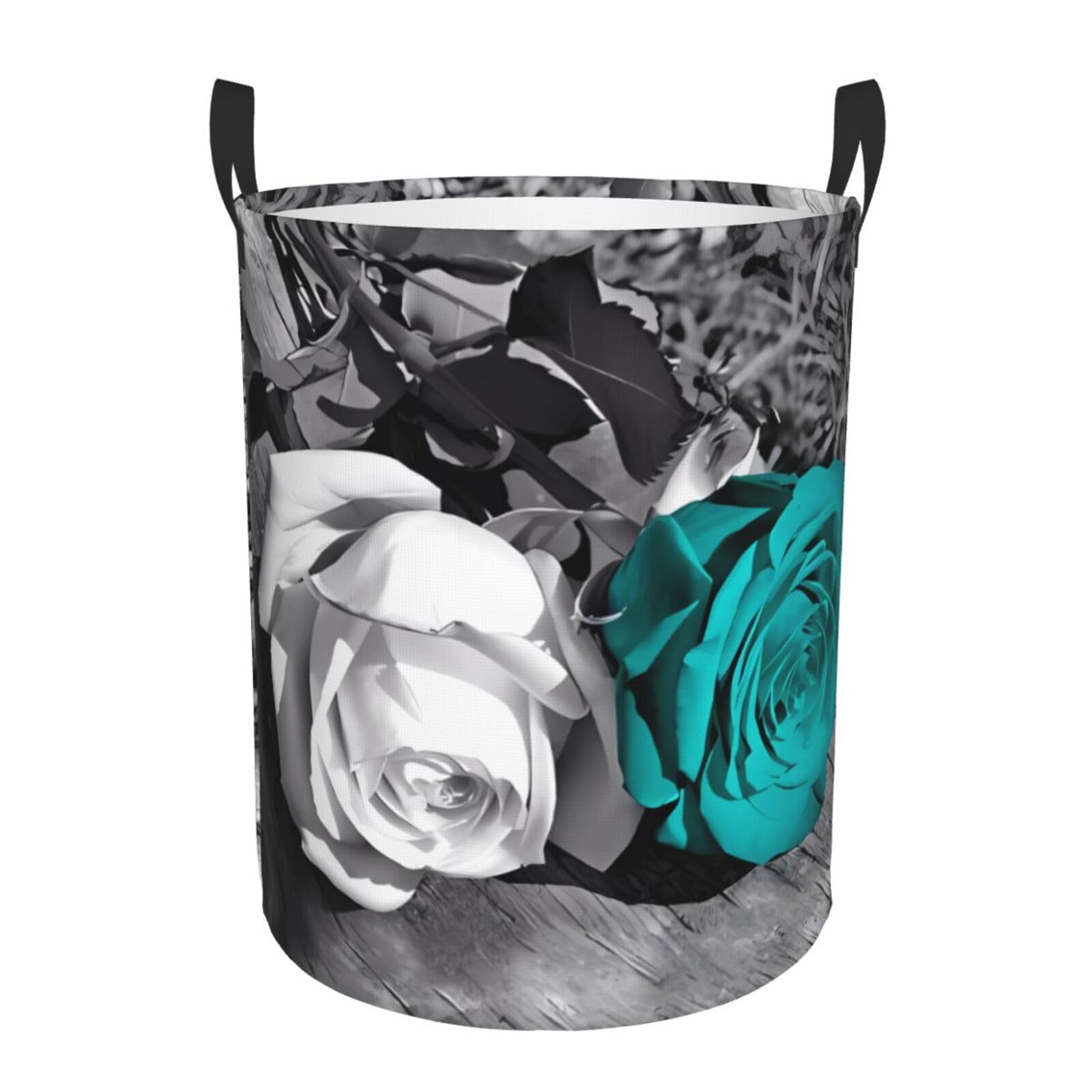 S Circular Hamper Black White Teal Gray Rose Flowers Print Storage Basket for Home