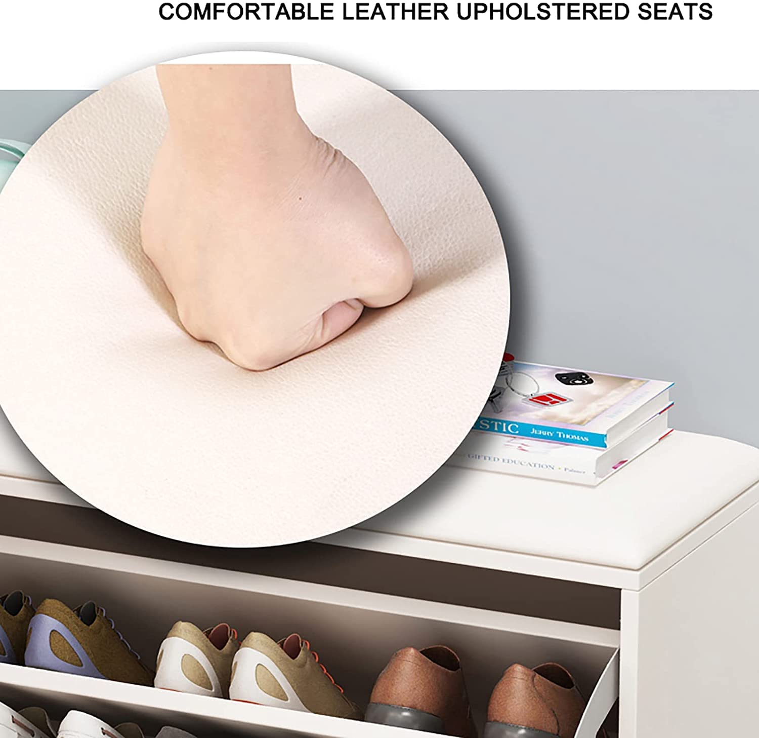 Shoe Storage Bench with Hidden Shoe Rack,Leather Entryway Shoe Bench