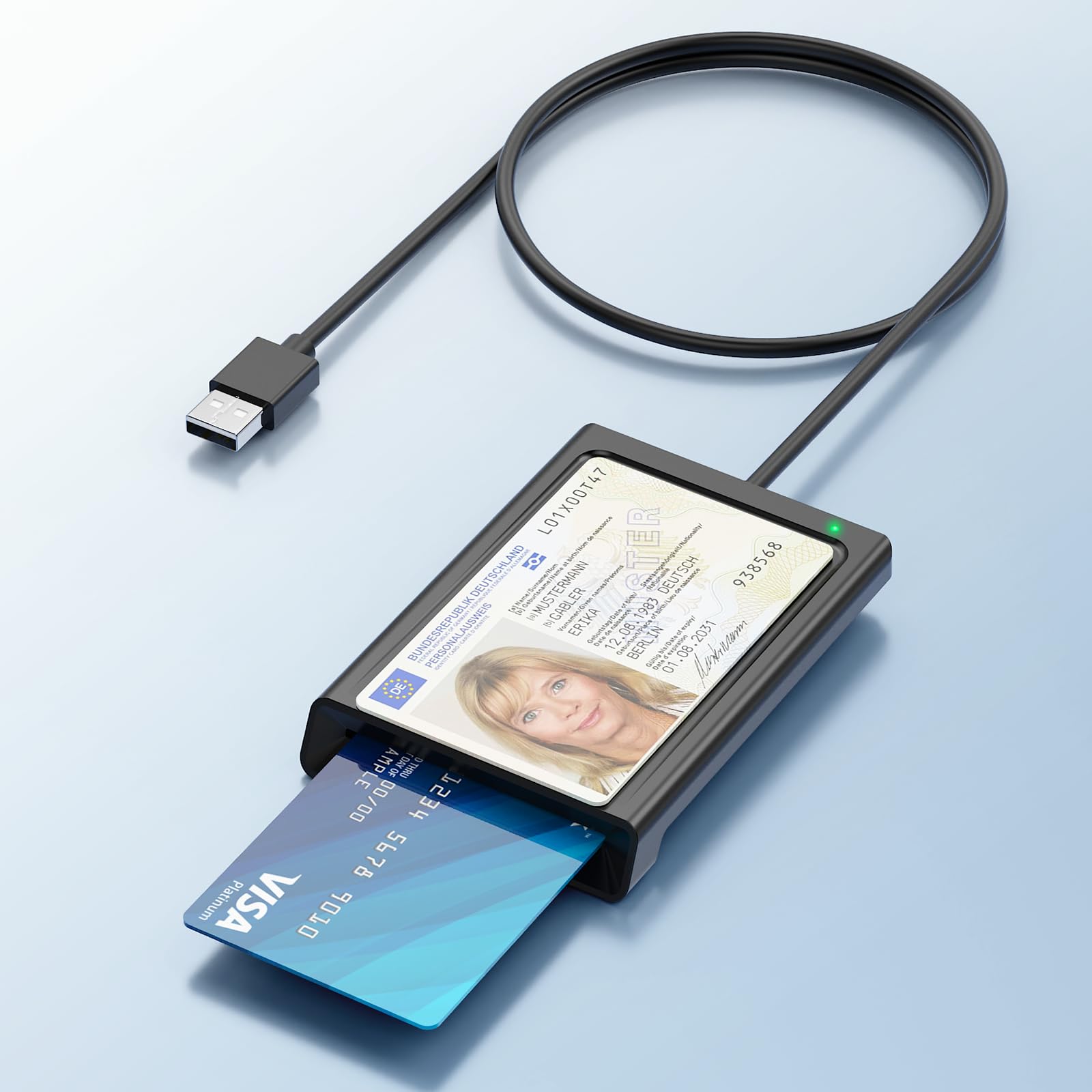 USB Chipkartenleser mit NFC, Smart Card Reader USB Kartenlesegerät Personalausweis DOD Military Kartenleser SIM Kartenlesegerät - ISO 7816–ISO 14443 -kompatibel mit Windows, Linux, Android,95cm Kabel