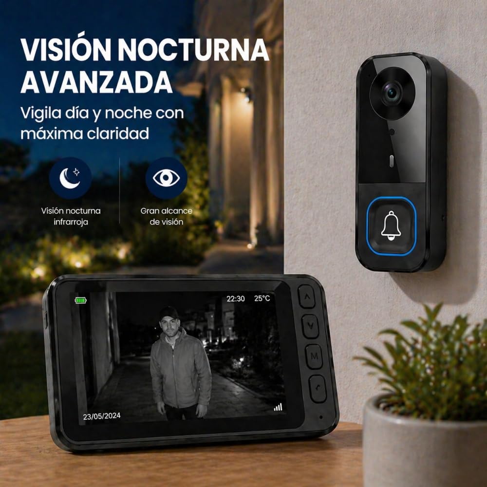 TKMARS Timbre con Cámara Exterior, Videoportero, Visión Nocturna Infrarroja, Timbre Inalámbrico Exterior Impermeable con Pantalla IPS de 4,5 Pulgadas, Sin WiFi (Negro)