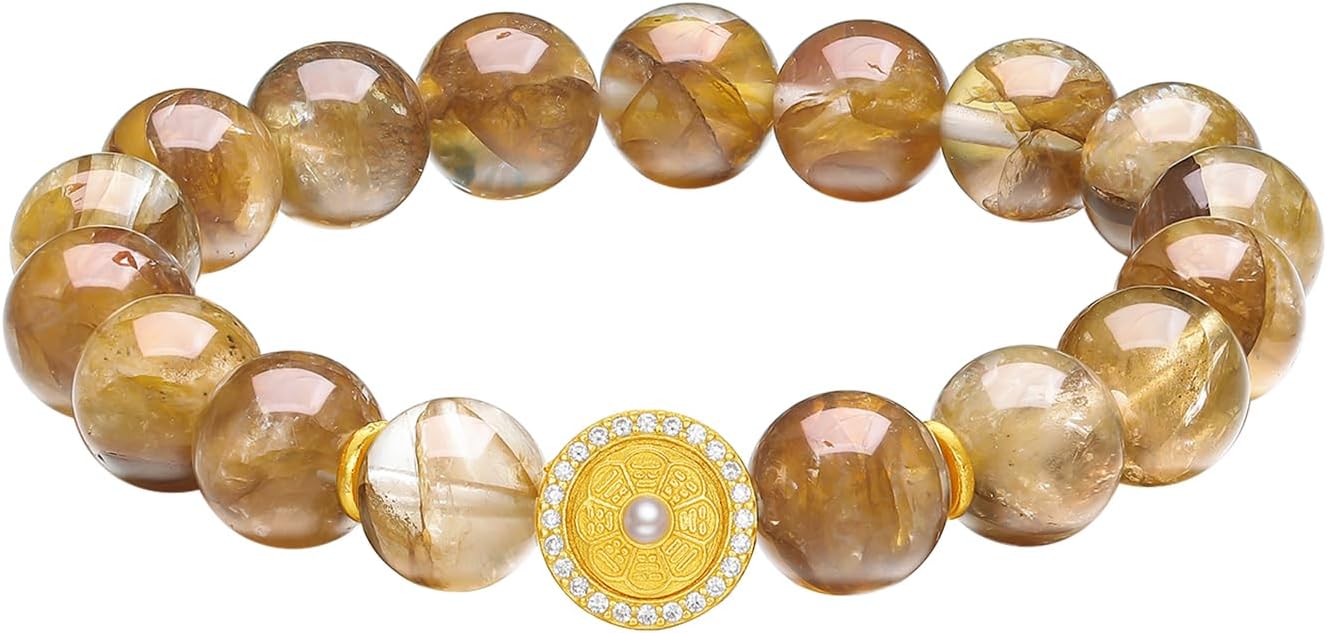 Sterling Silver Beaded Bracelets Silver Yellow Crystal Bracelet Blessing Silver Sanskrit Charm Stretch Bracelets for Women Mom Daughter Lover Birthday 6.7" J1914917