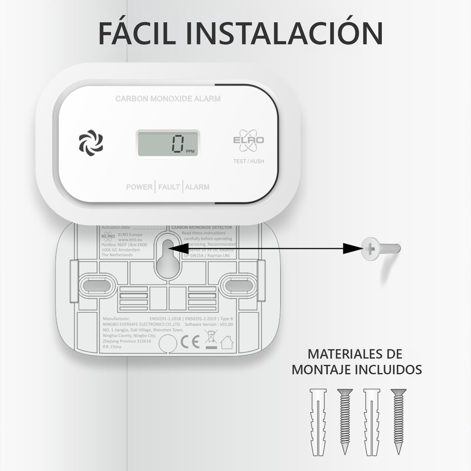 2-Pack ELRO FC5010 Detector de monóxido de Carbono con batería de 10 años y Pantalla – Detector de CO Conforme a la Norma Europea EN50291