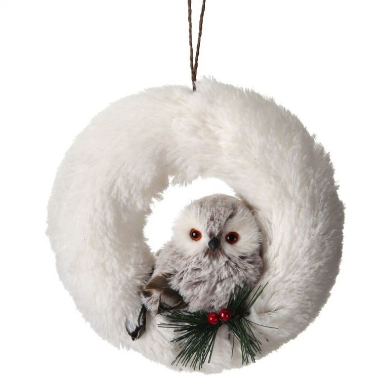 8.5" Snowy Furry Owl Sitting in White Fur Wreath Christmas Ornament