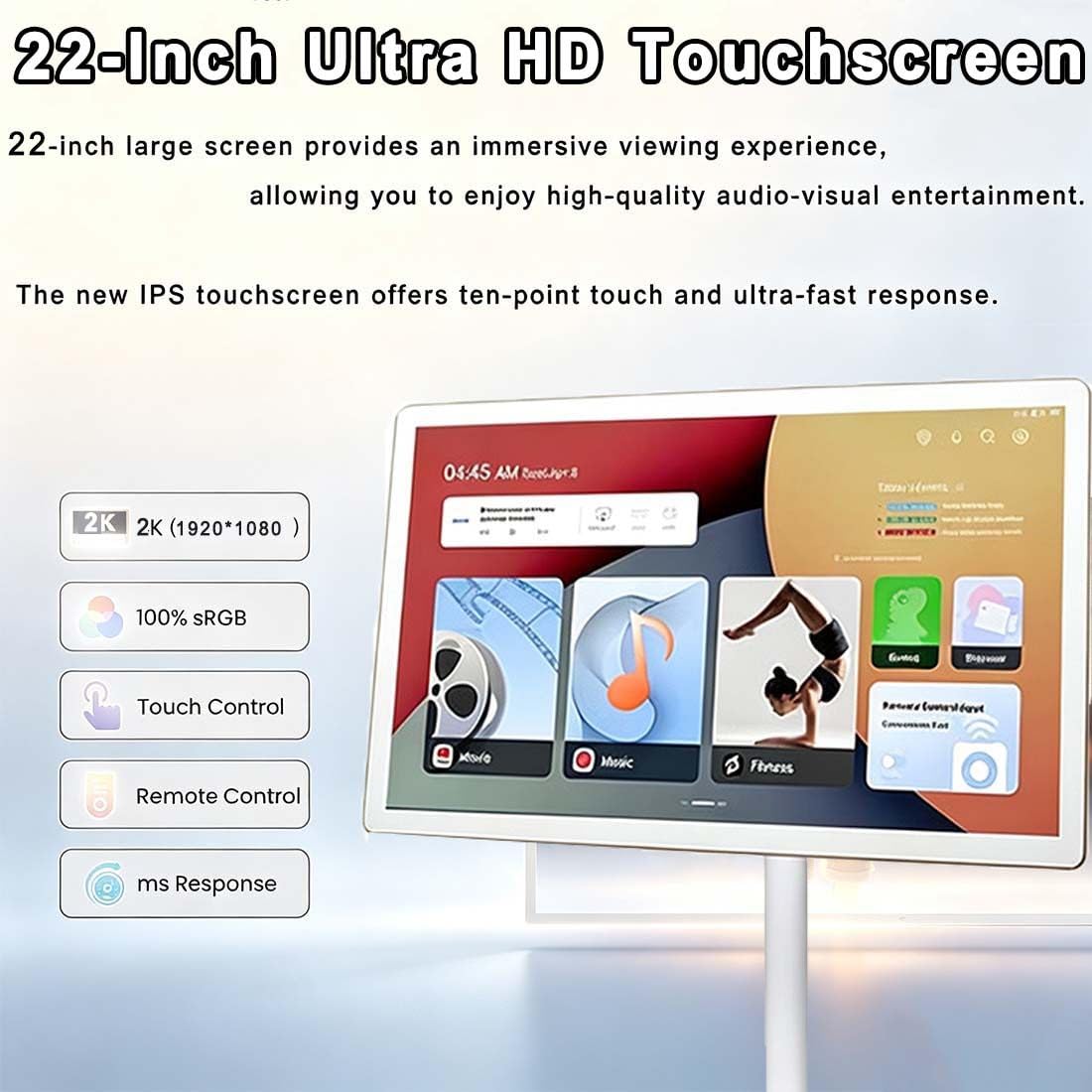 Smart TV Portatile 22" su Ruote, Monitor Touchscreen 1080p HD con Batteria Integrata, Operativo Android, Trasmissione Wireless, Supporto Girevole Completo con Ruote per Casa E Ufficio