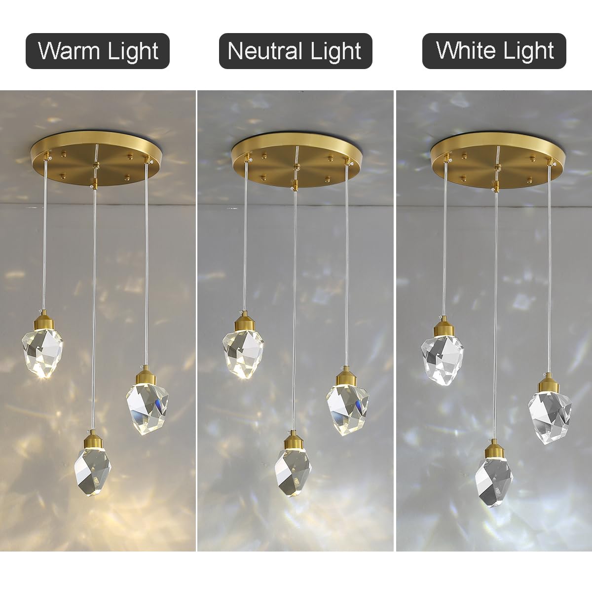 Moderna Lampada A Sospensione In Cristallo, Lampada A Sospensione In Cristallo A Led A 3 Colori, Per Cucina Isola Camera Da Letto Soggiorno Illuminazione Sala Da Pranzo (Base Rotonda A 3 Teste)