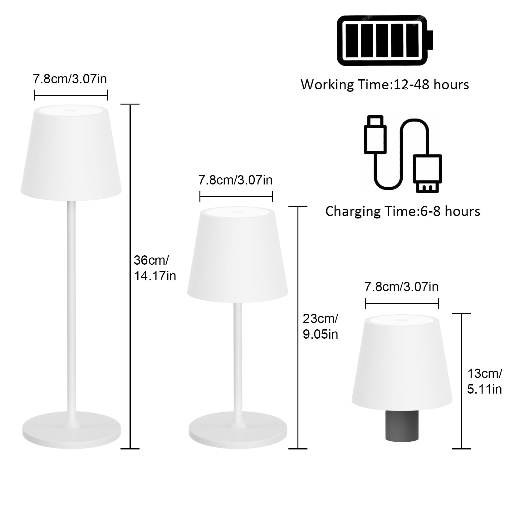 Lampada da tavolo ricaricabile a LED, 2 pezzi, 3000 K, lampada da tavolo dimmerabile, IP54 regolabile in altezza per uso interno ed esterno, bianco