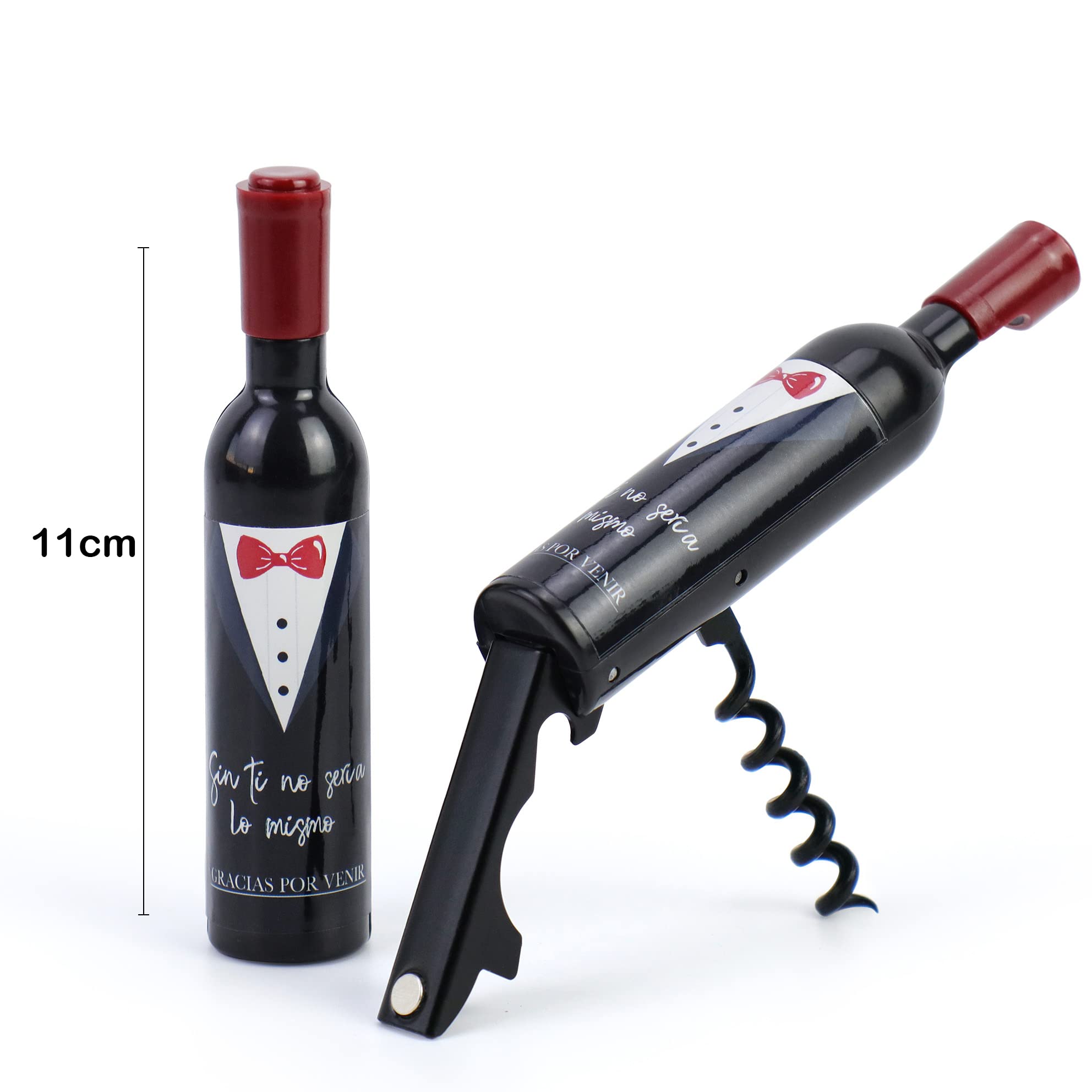 Pack de 12 a 42 uds, Sacacorchos botella de vino, Abridor forma de mini botella, Diseño smoquin, Con o sin envoltorio, 11 cm, Detalles para Boda, Regalantes (30, Con envoltorio, lazo surtido)