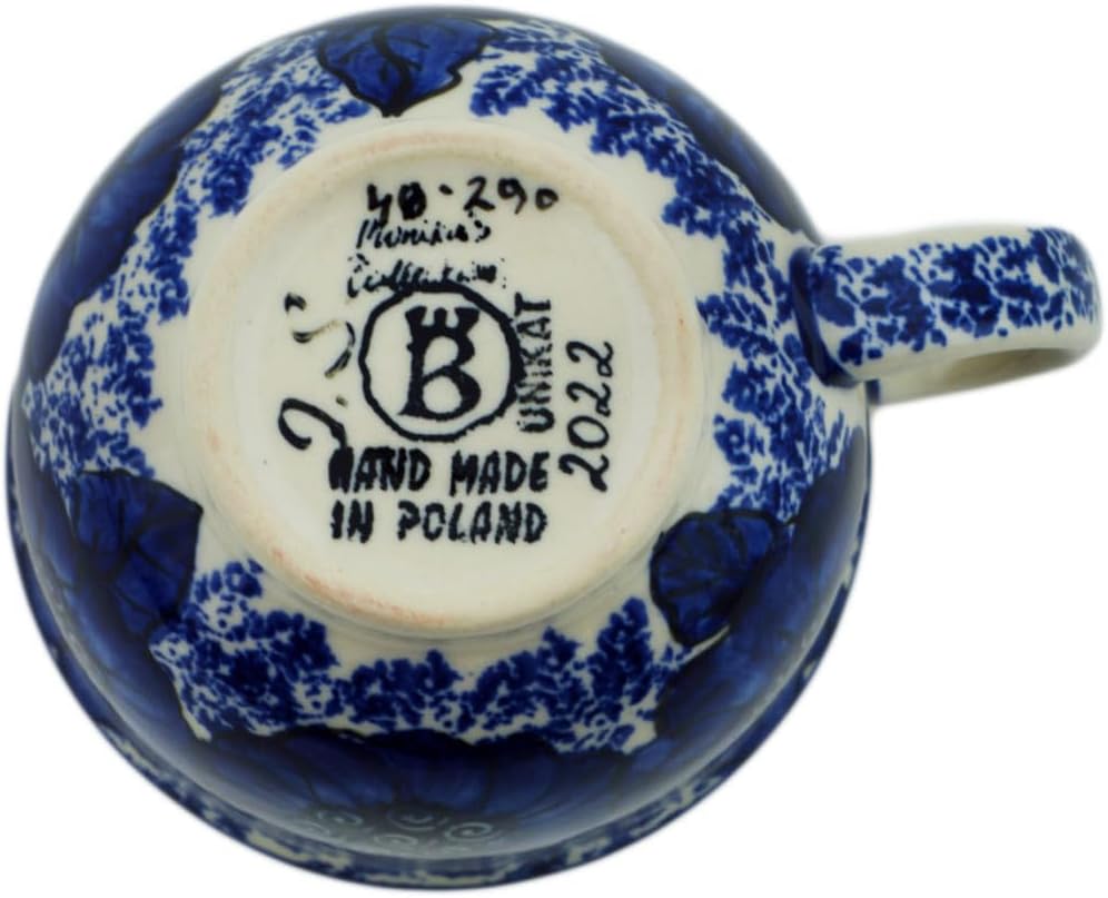 Polmedia Polish Pottery Cup UNIKAT - Sugar Cobalt Poppies Pattern Handmade in Boleslawiec Poland by Ceramika Bona + Certificate of Authenticity