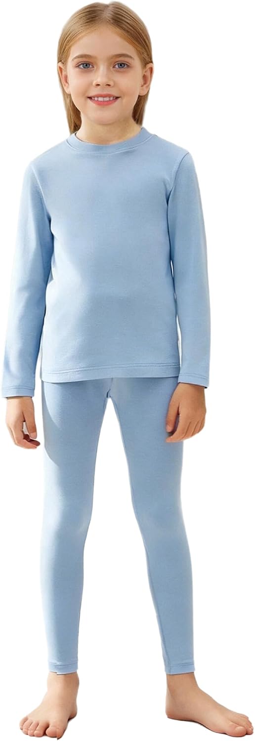 Jugaoge Boys Girls Thermal Underwear Set Kids Base Layer Top Leggings Set Sports Dance Training Underwear Light Blue 9-10 Years