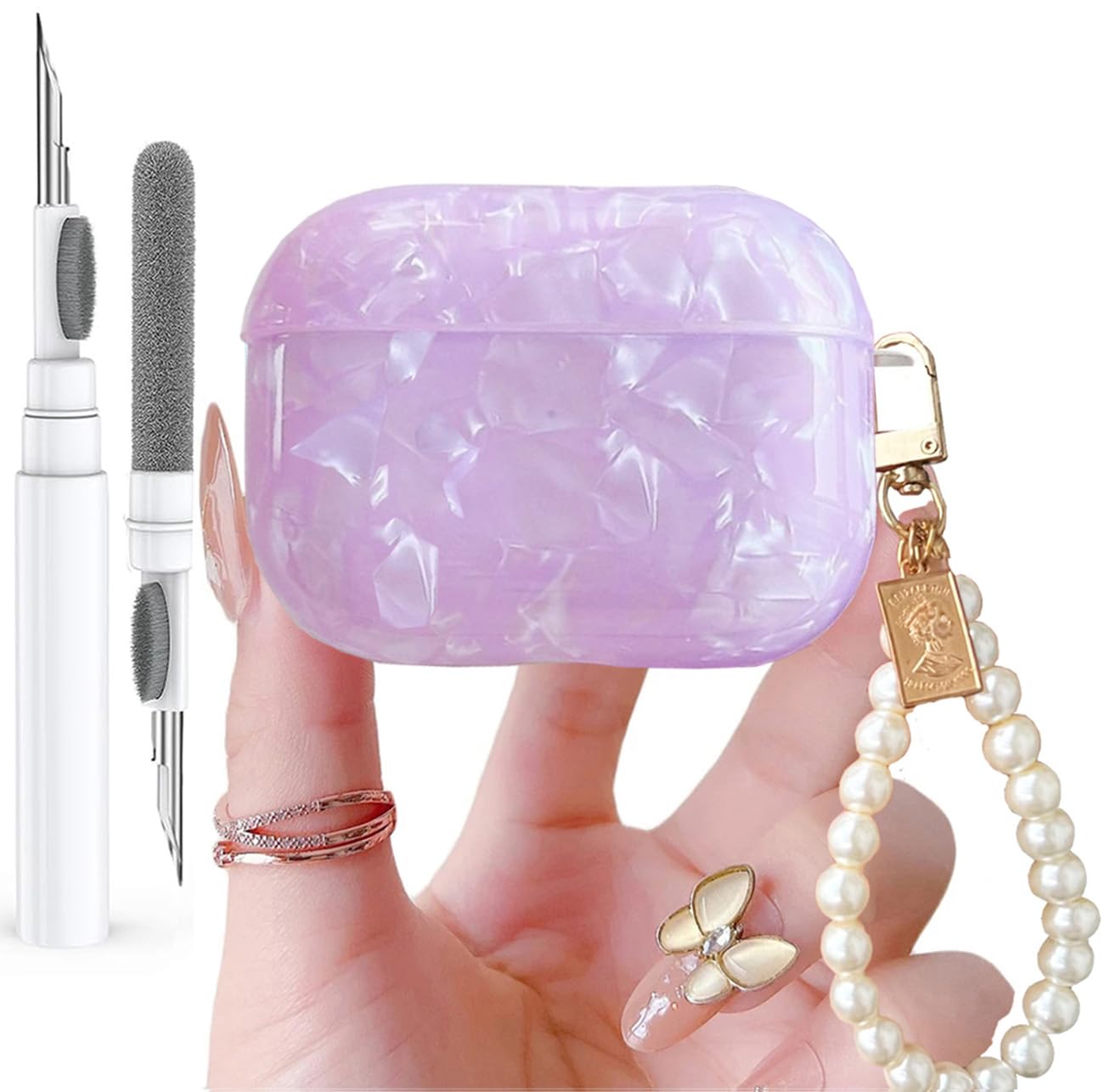Olytop for Cute Glitter Airpods Pro/Pro 2 Gen Case with Cleaner Pen, Shell Pattern iPod Pro 2nd/1st Generation Cover Protective Skin Girl Women with