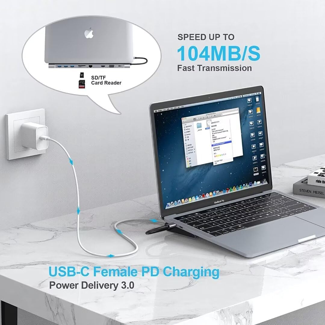 Hub USB C, stacja dokująca 10 w 1, 4K 30 Hz USB C HDMI, VGA, 3 porty USB 3.0, 5 Gbps, czytnik SD/TF, Ethernet RJ45, mikrofon/audio, uchwyt do ładowania laptopa typu C 100 W