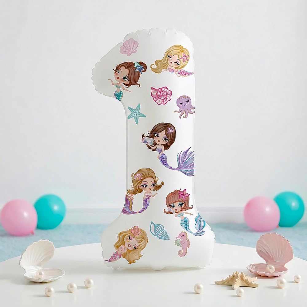Mermaid Number 1 Balloon, 32 Inch White Large Foil Balloon with DIY Decorative Stickers,Mermaid Themed birthday Party Decorations 1st Birthday decorations — image 1