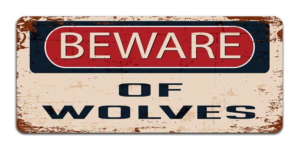Print Crafted - Beware Of Wolves - Vintage Metal Sign | Halloween Decor | Funny Dog Caution Sign