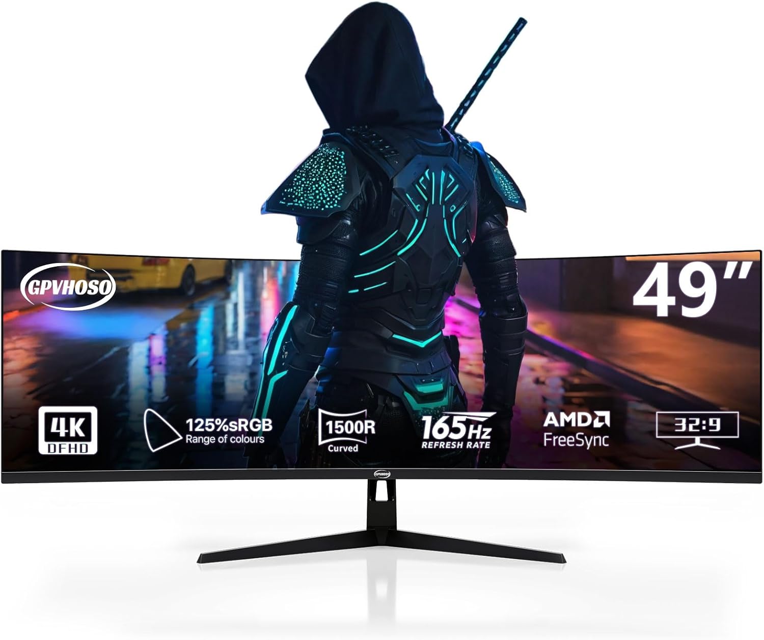 49 Inch Curved Ultrawide Gaming Monitor, 4k Monitor(3840x1080P), 165Hz, 1500R HDR10, 32:9, AMD FreeSync, 125% sRGB, HDMI/DP VESA100*100mm