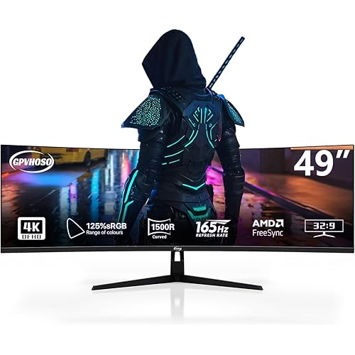 49 Inch Curved Ultrawide Gaming Monitor, 4k Monitor(3840x1080P), 165Hz, 1500R HDR10, 32:9, AMD FreeSync, 125% sRGB, HDMI/DP VESA100*100mm