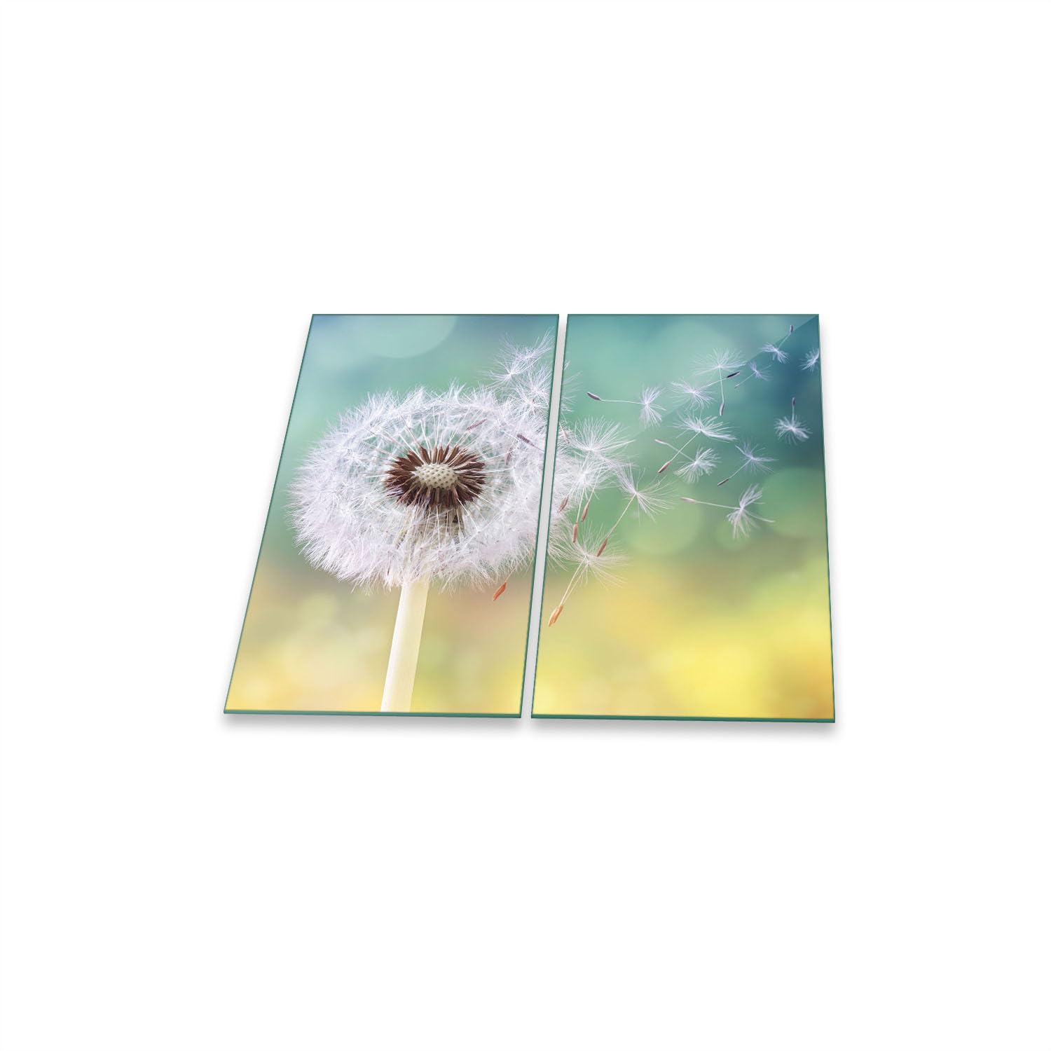 Herdabdeckplatte Abdeckung Ceranfeld Abdeckplatte Schneidebrett 2-Teilig 60x52 Pusteblume Weiss Mehrfarbig Spritzschutz Glasplatte Ceranfeldabdeckung Sicherheitsglas Glasschneidebrett 2x30x52