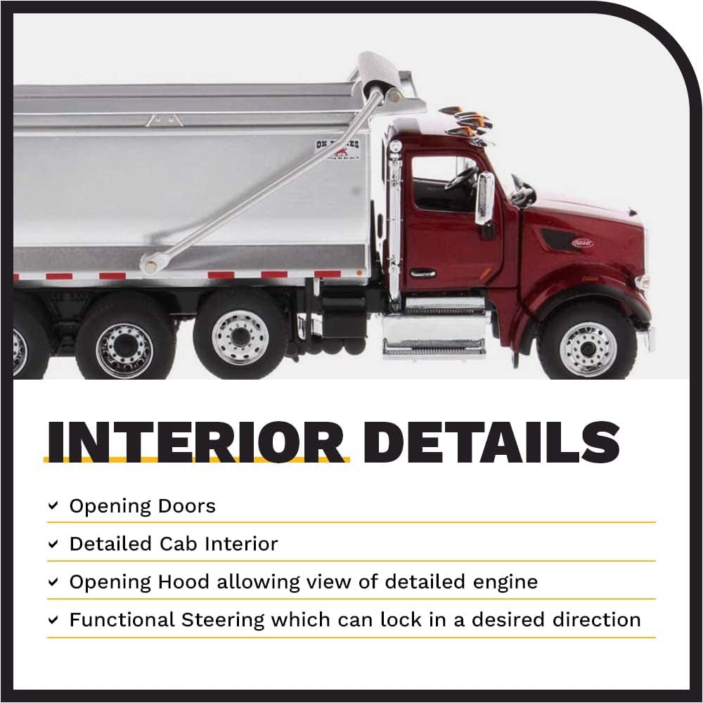 Diecast Masters Peterbilt Model 567 Dump Truck - Metallic Red | Tandem with Pusher Axle PACCAR Engine, Ox Bodies Stampede Cab 1:50 Scale Semi Trucks 71077