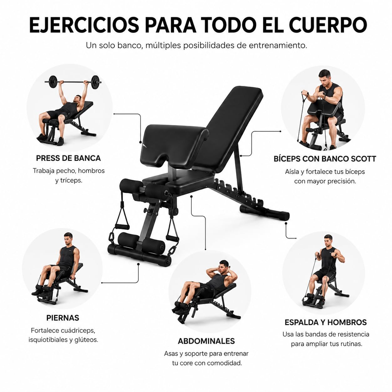 Banco de musculación plegable 2 en 1 con banco Scott 120 kg 150 × 42 × 100 cm – Bandas resistencia, asas abdominales, acolchado alta densidad, acero triangular, casa