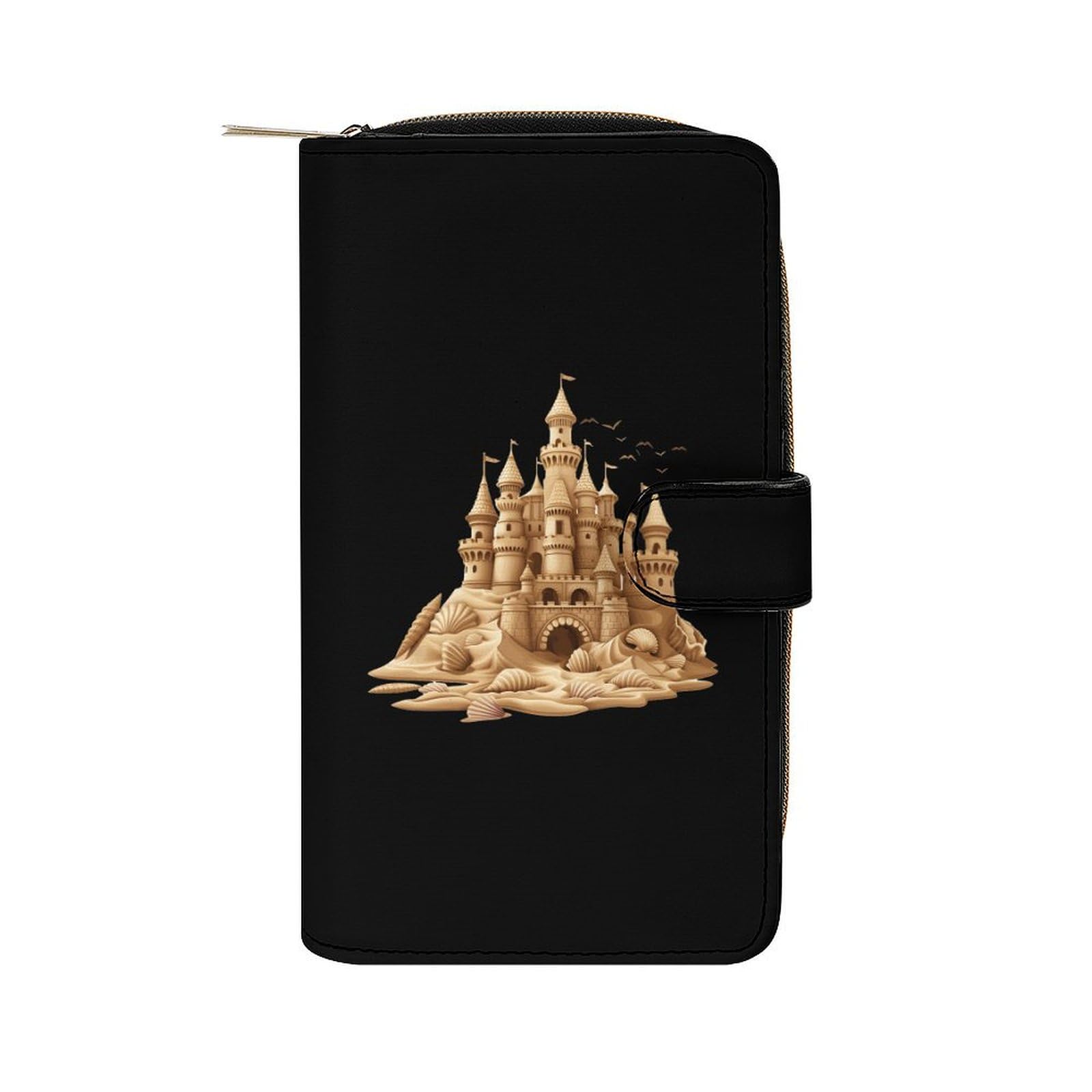 Sandcastle Sand Sculpture Sea Shells Beach Sand Leather Long Pouch Wallet for Men And Women Large Capacity Clutch Cash Wallet with Zippered