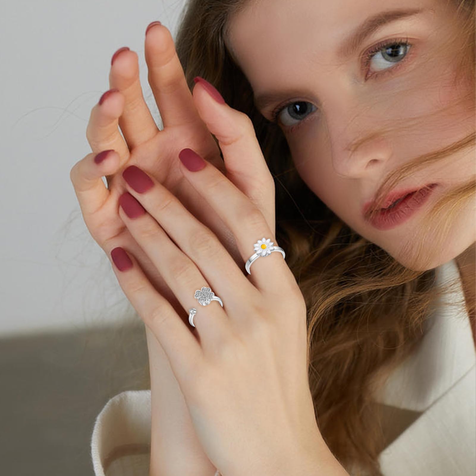 Fidget Rings, Spinner Jewelry, Fidget Rings do ?agodzenia stresu, 4-cz??ciowy zestaw z motywami ksi??yca, s?o?ca i kwiatów, ?atwe w u?yciu ?dzie do modowania, stylowe akcesoria dla dziewcz?t, nast
