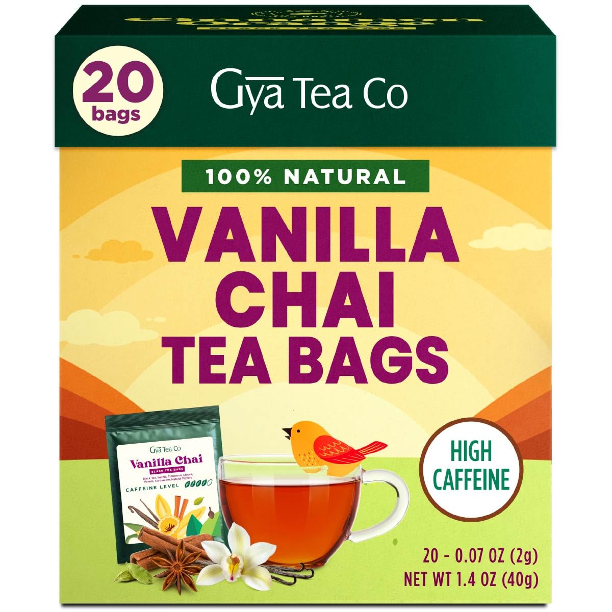 Gya Tea Co Vanilla Chai Black Tea Bags (20 Bags) - High Caffeine Spiced Chai Tea with a Smooth & Spicy Flavor for Refreshment & Energy - Fruit & Herbal Blends