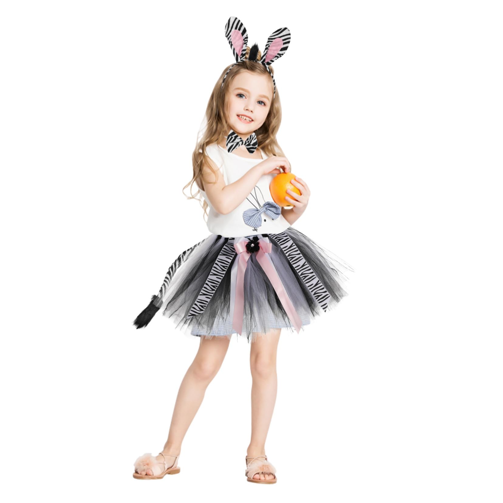 NOLITOY Disfraz de Cebra para Niños Diadema Orejas y Pajarita Falda Tutú de Poliéster Conjunto Resistente y Fácil de Combinar para Halloween y Cosplay