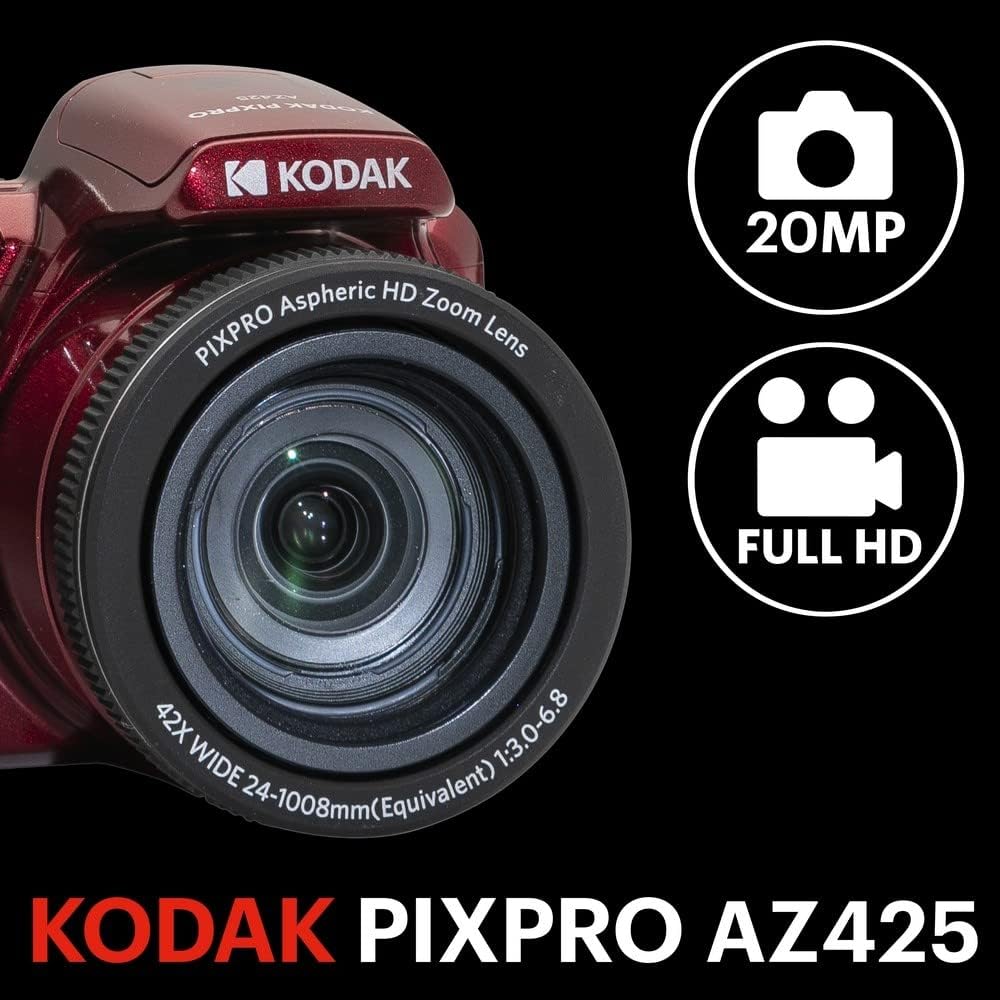 KODAK Pixpro Astro Zoom AZ425 - Fotocamera digitale Bridge, Zoom ottico 42X, grandangolare da 24 mm, 20 megapixel, LCD 3, video Full HD 1080p, batteria agli ioni di litio - rosso