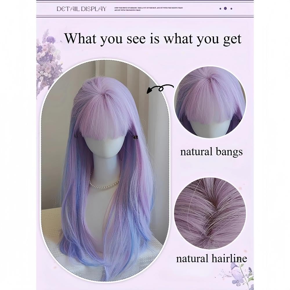 Haarpflege Perücke Weiblich Mit Lila Blauen Highlights Glattes Haar Hitzebeständige Faserperücken