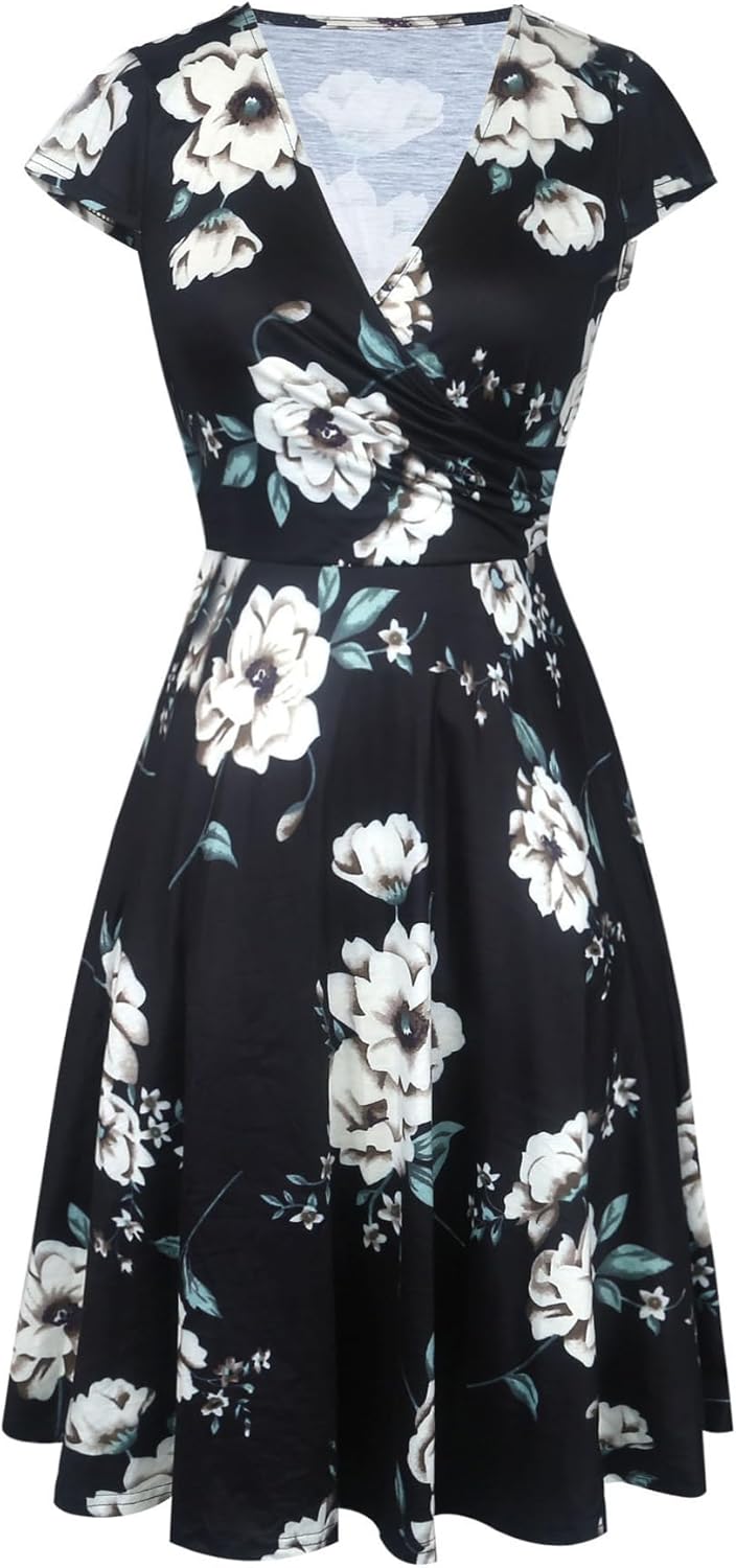 oxiuly Women's Cap Sleeve Summer Casual Dresses V-Neck Floral Vacation Party Dress OX233