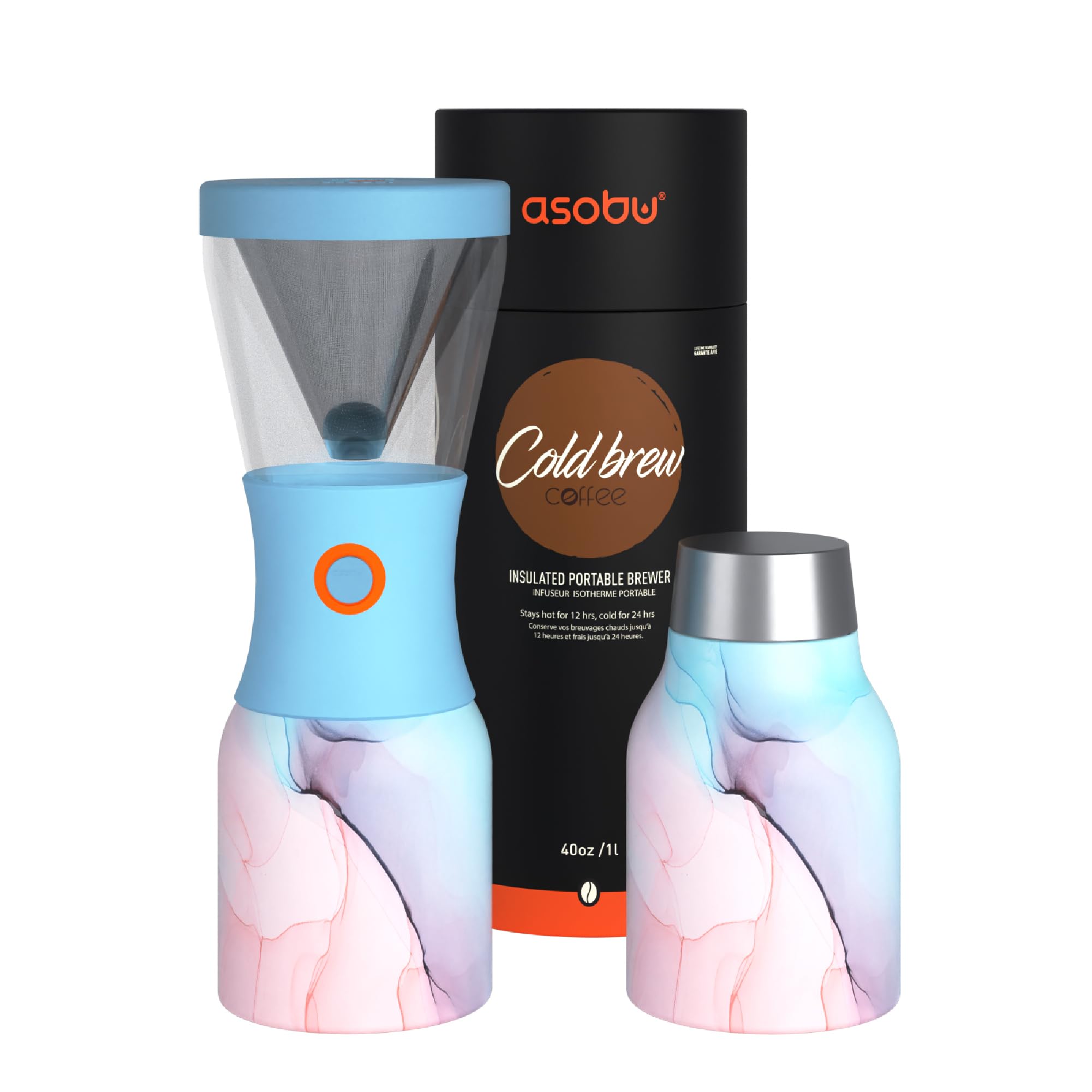 Asobu Coldbrew Portable Cold Brew Coffee Maker With a Vacuum Insulated 1 Liter Stainless Steel 18/8 Carafe Bpa Free (Aqua Pink Marble)