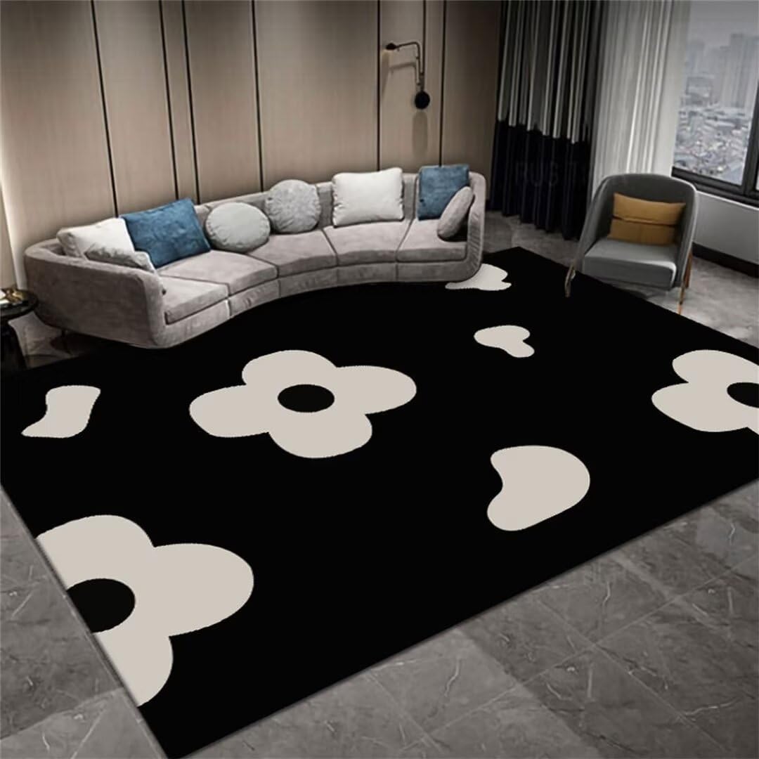 Tapis lavable en machine et résistant aux taches noir motif fleur 80x120