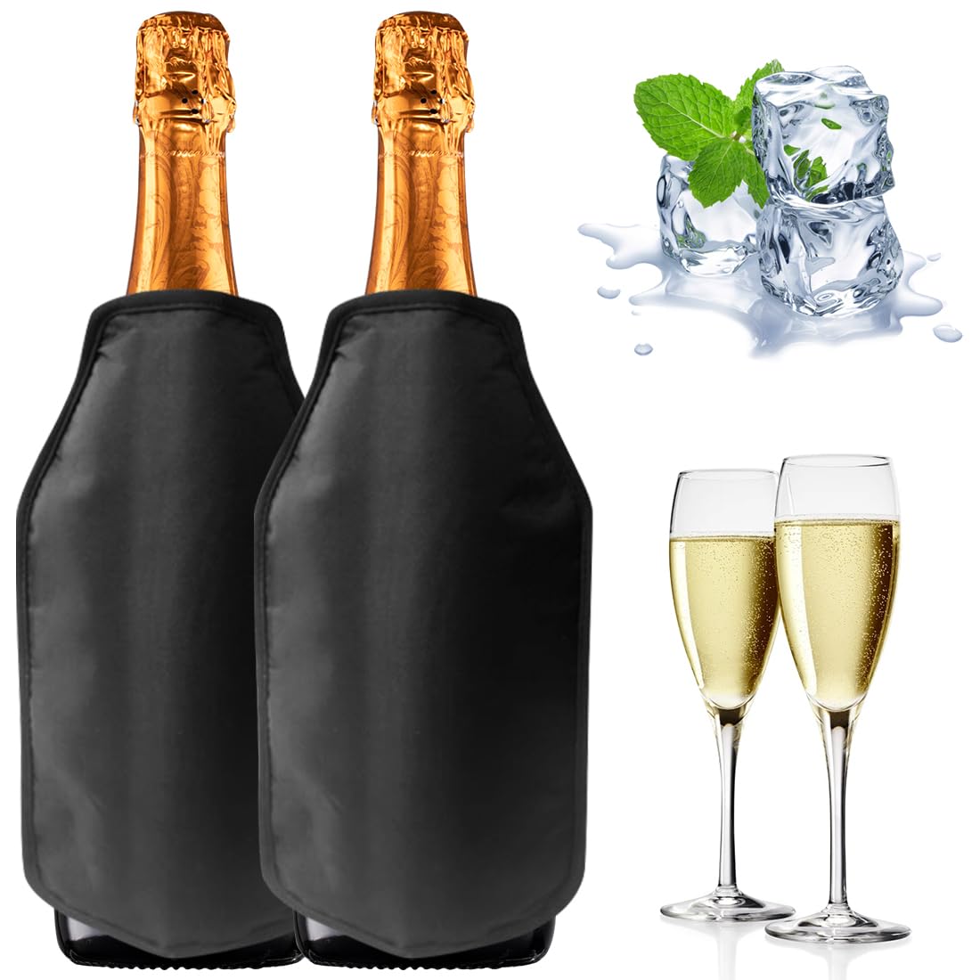 RANJIMA Weinkühler Manschette 2er Set, Kühlmanschette für Wein, Sekt, Champagner, Flaschen, Wiederverwendbarer Flaschenkühler Hülle Unterwegs Weinmanschette Weinflaschenkühler für Partys, BBQ, Schwarz