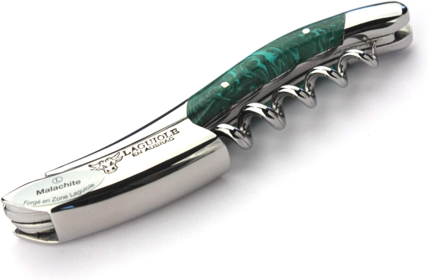 Laguiole en Aubrac corkscrew sommelier waiters knife 3 functions SOM99PMI malachite handle, stainless steel shiny