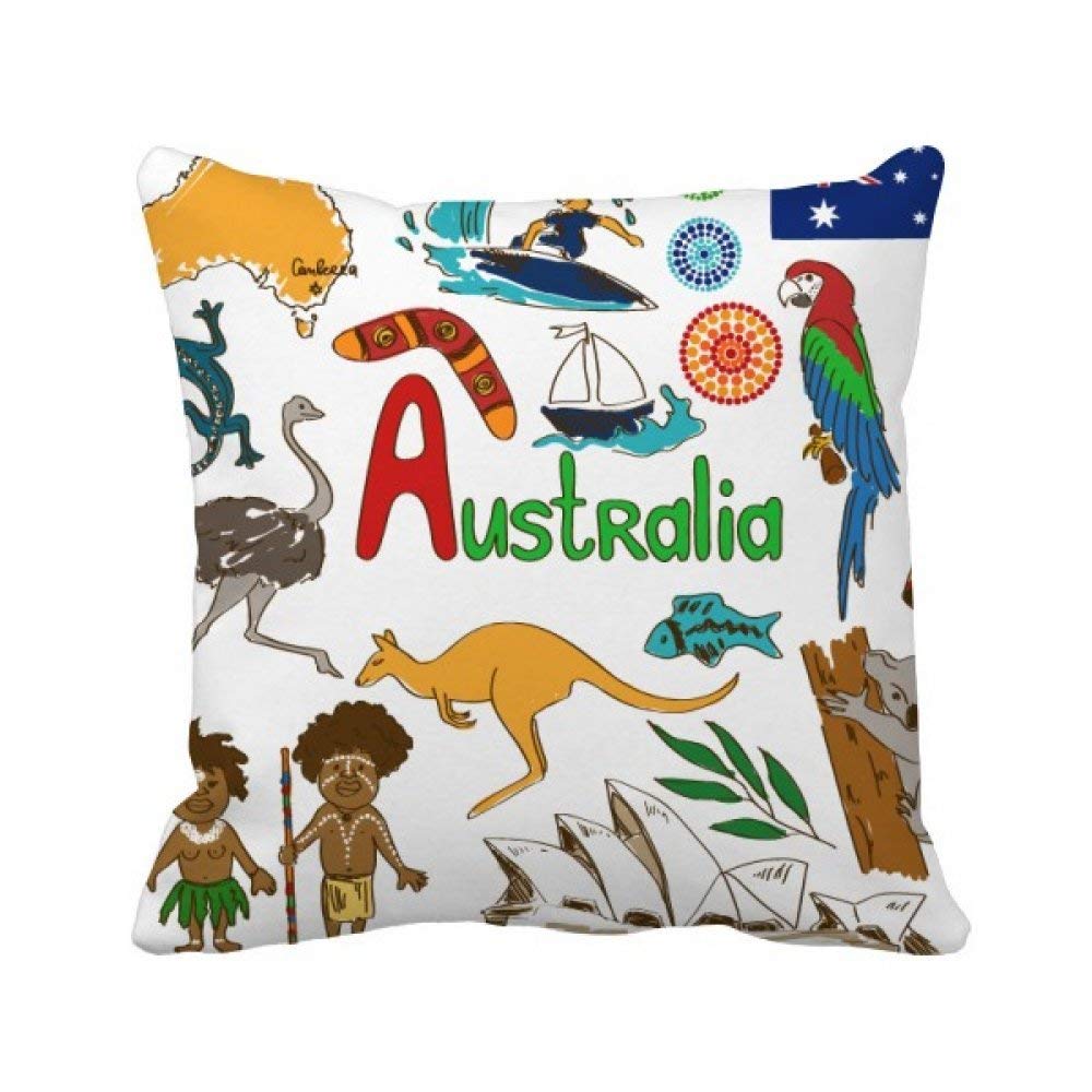 Coussin Australie 40x40 cm multicolore imprimé animaux et drapeau pour canapé