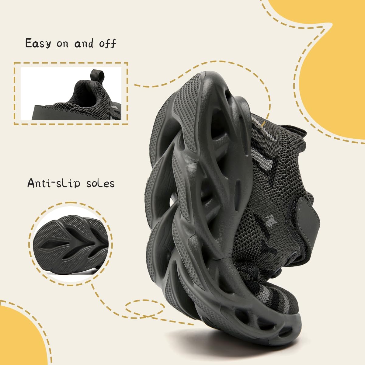Kids Camo Sneakers for Boys – Lightweight Mesh Athletic Shoes with Hook & Loop Closure, Non-Slip Sole, Breathable Running & Walking Shoes for Little Kid, Big Kid