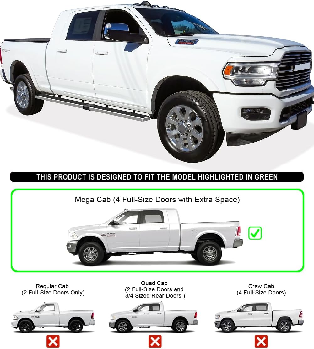 Wheel-to-Wheel HD Ridez Board 5" Stainless Steel Polished Compatible with Ram 2500 3500 2010-2026 Mega Cab 5.5ft Bed (Nerf Bar Side Steps)