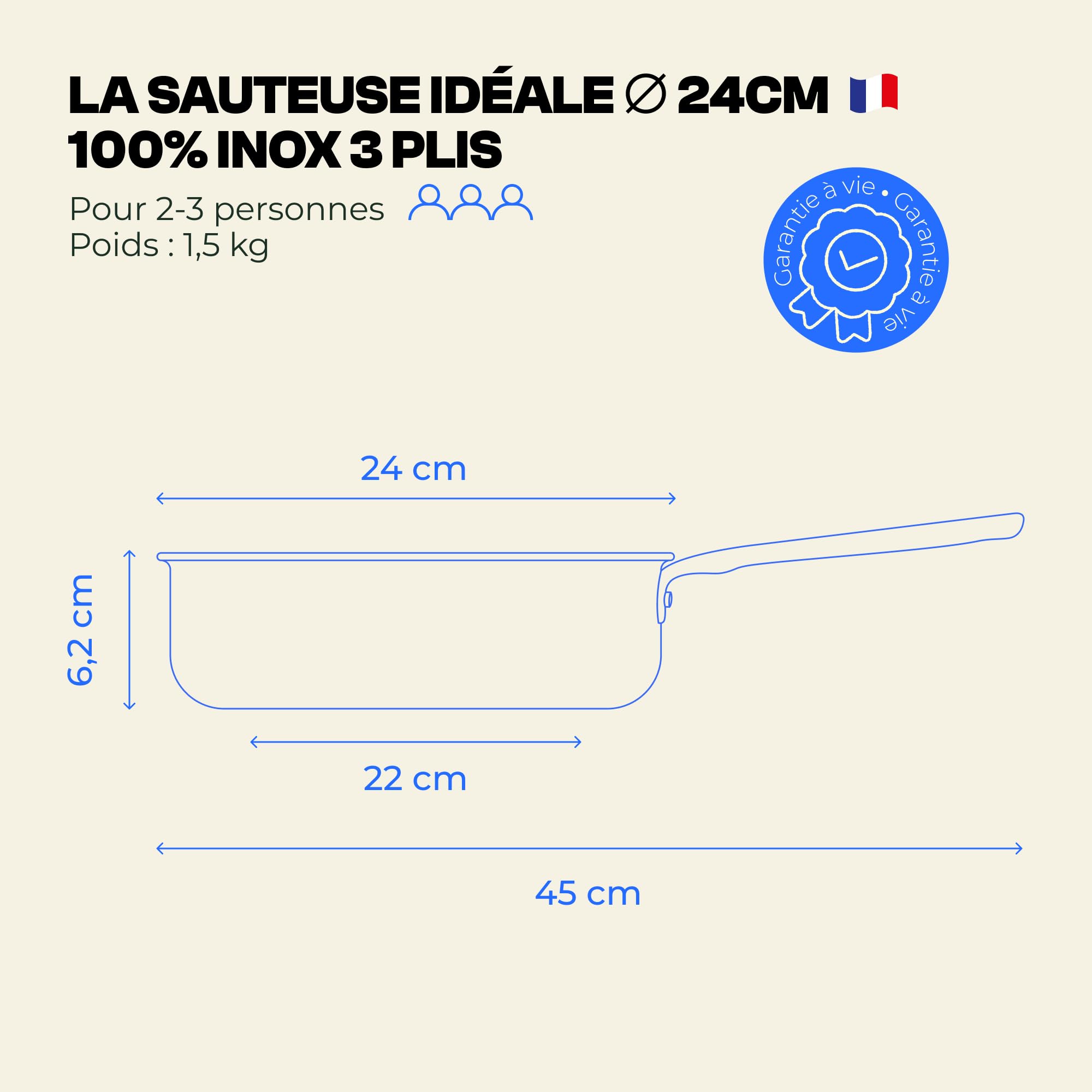 Atma - Sauteuse Inox 24 cm avec Couvercle - Inox 3 Plis - Compatible Tous Feux Dont Induction & Four - Pour Mijoter, Sauter et Frire - Non Toxique, Sans PFAS - Fabriquée en France, Garantie à Vie
