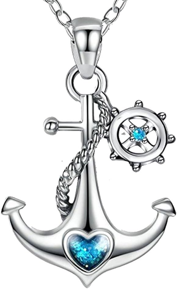 Anchor Pandent Necklace Sterling Silver Blue Ocean Heart With Rudder Ship Rope Polished Nautical Necklaces Jewelry Gift for Women 18''