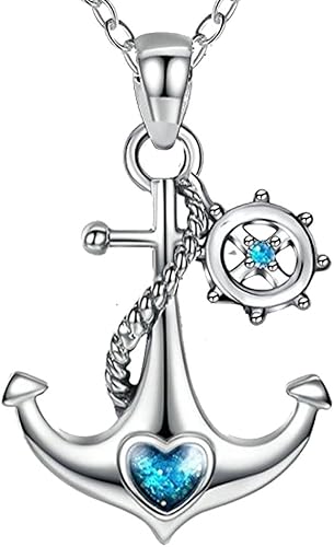 JUFU 925 Collar náutico corazón del océano azul de plata esterlina ancla y timón., Base con chapado de oro, Azul, JUFU